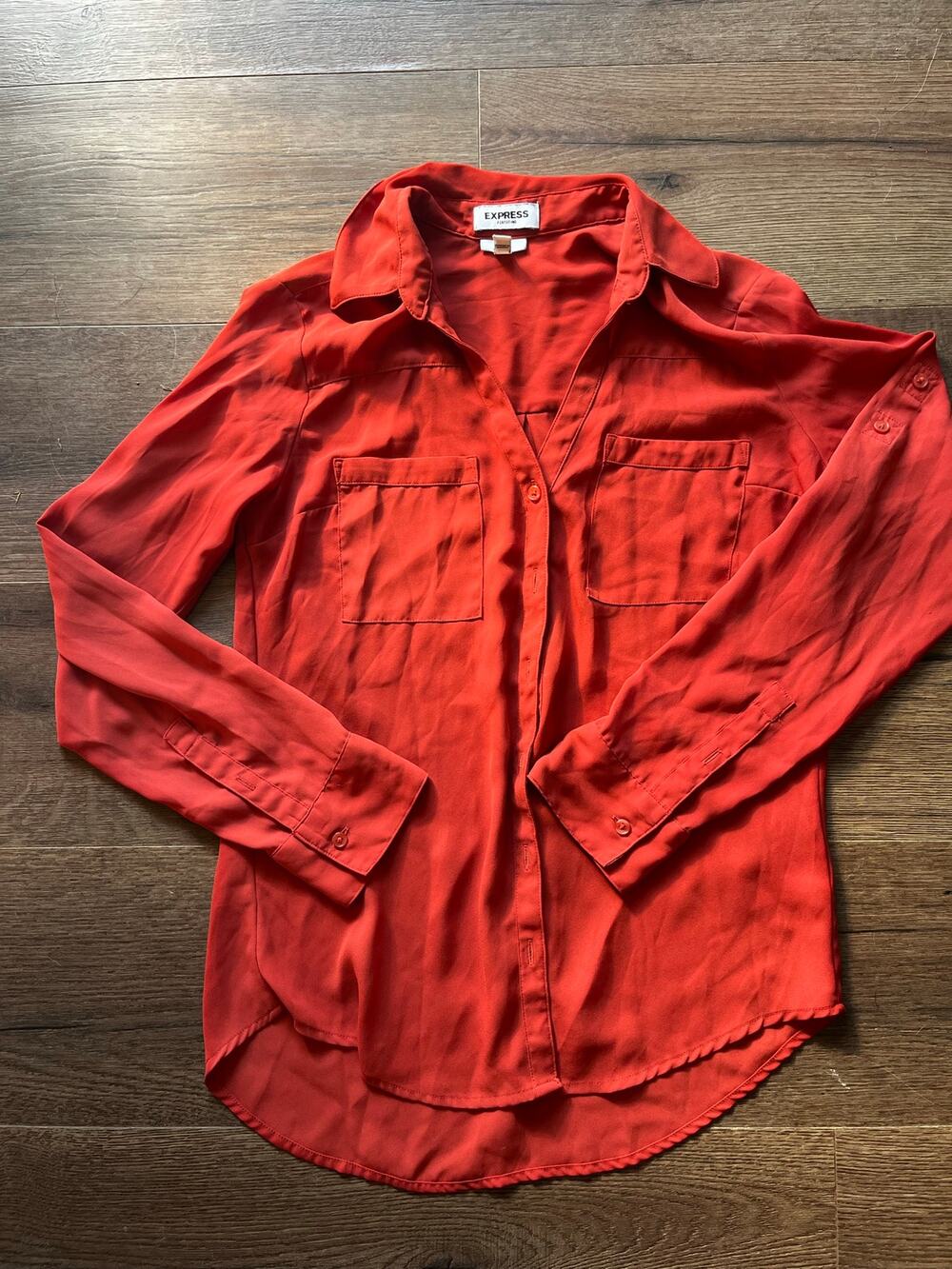 Express Portofino Shirt Small Slim Red Orange Button Down Blouse Roll Tab Sleeve